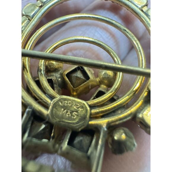 1960s M&S Rhinestone Jewelry Set Brooch Pendant Bracelet Earrings Gold Aqua - Picture 10 of 13